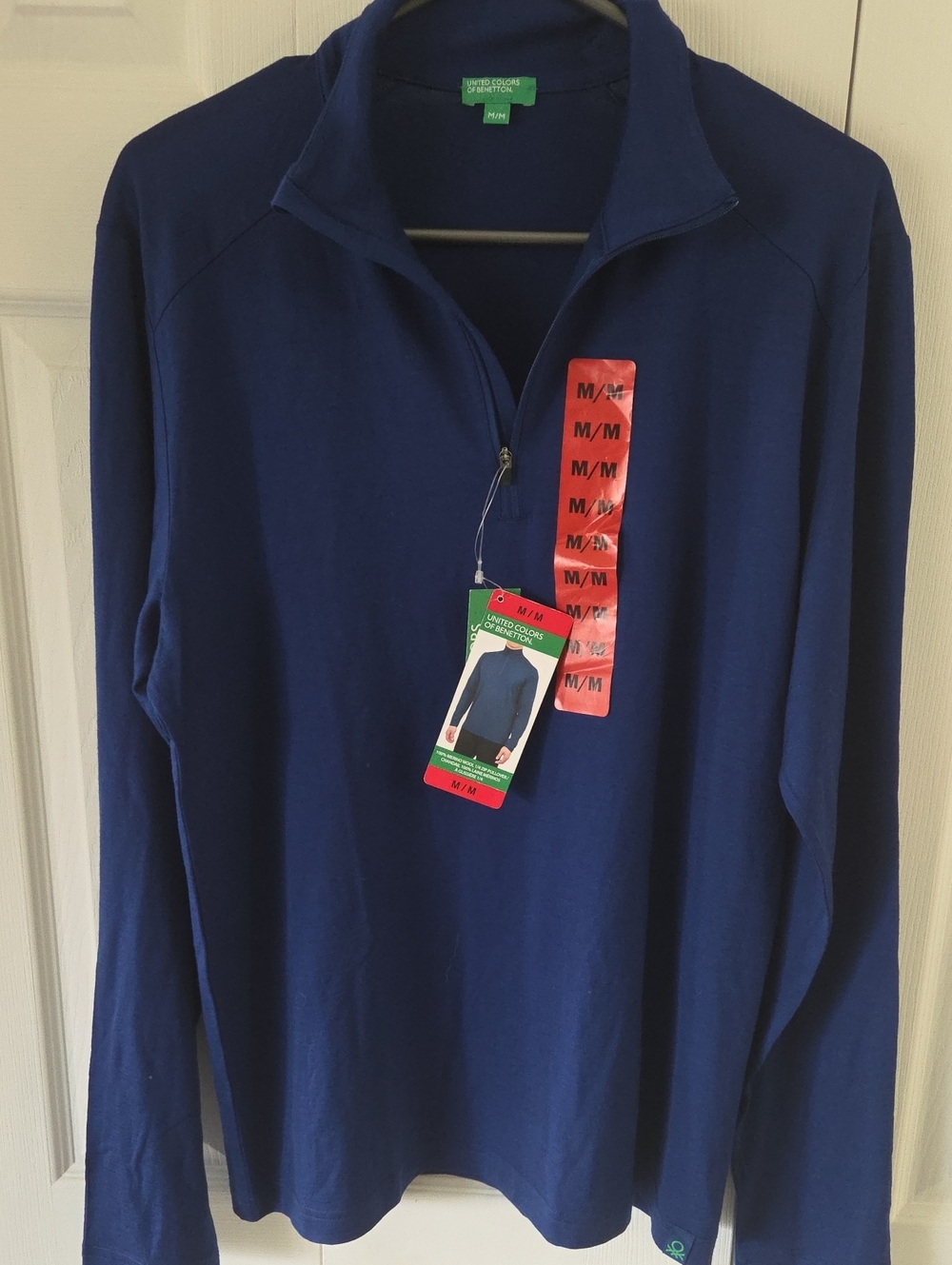 United Colors of Benetton 1/4 Zip Pullover Merino Wool Quarter Zip Blue Medium